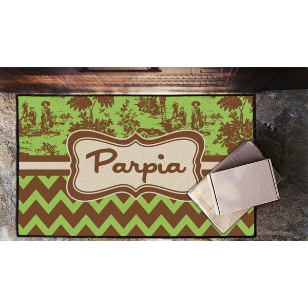 Green & Brown Toile & Chevron Door Mat - LIFESTYLE (Lrg)