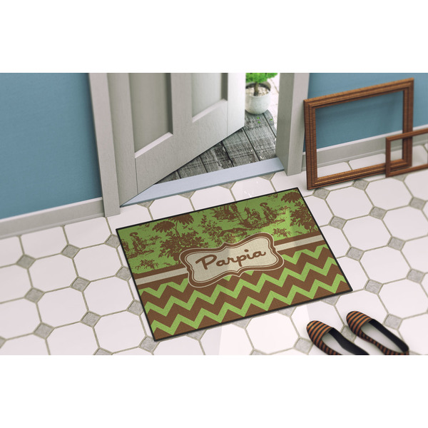 Green & Brown Toile & Chevron Door Mat Lifestyle