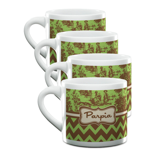 Custom Green & Brown Toile & Chevron Double Shot Espresso Cups - Set of 4 (Personalized)