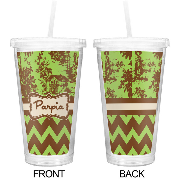 Green & Brown Toile & Chevron Double Wall Tumbler with Straw - Approval