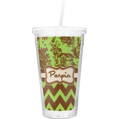 Green & Brown Toile & Chevron Double Wall Tumbler with Straw (Personalized)