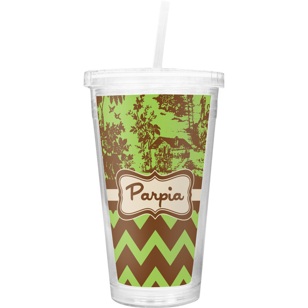 Custom Green & Brown Toile & Chevron Double Wall Tumbler with Straw (Personalized)