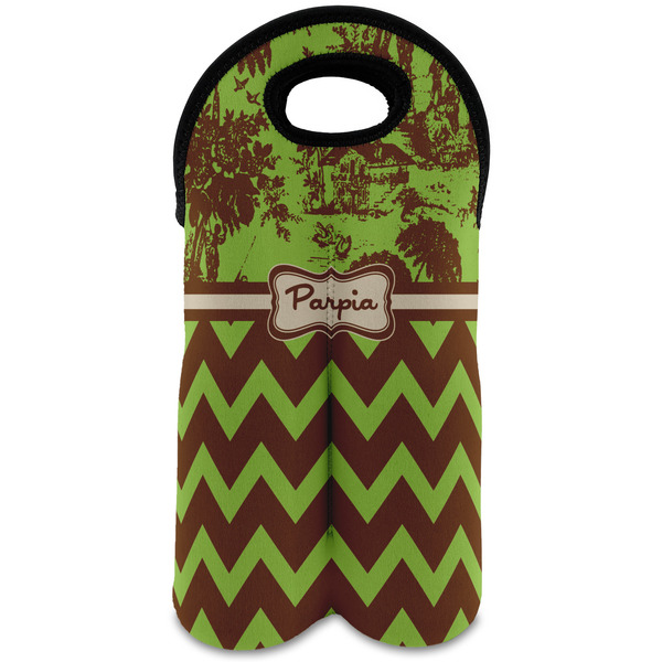 Custom Green & Brown Toile & Chevron Wine Tote Bag (2 Bottles) (Personalized)