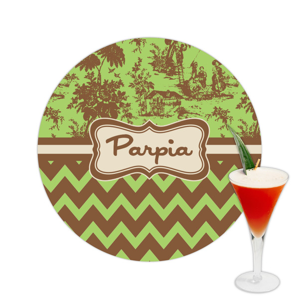 Custom Green & Brown Toile & Chevron Printed Drink Topper -  2.5" (Personalized)