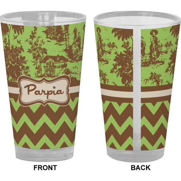 Green & Brown Toile & Chevron Pint Glass - Full Color - Front & Back Views