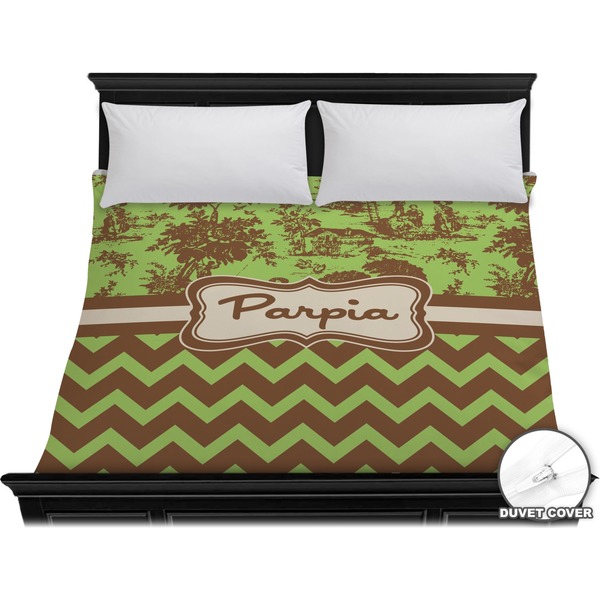 Custom Green & Brown Toile & Chevron Duvet Cover - King (Personalized)