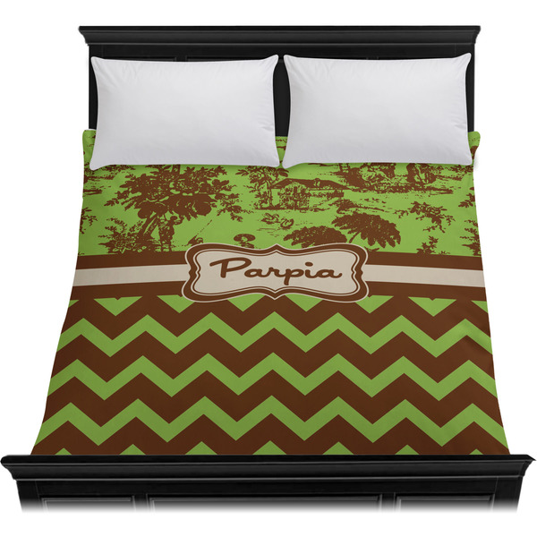 Green & Brown Toile & Chevron Duvet Cover - Queen - On Bed - No Prop