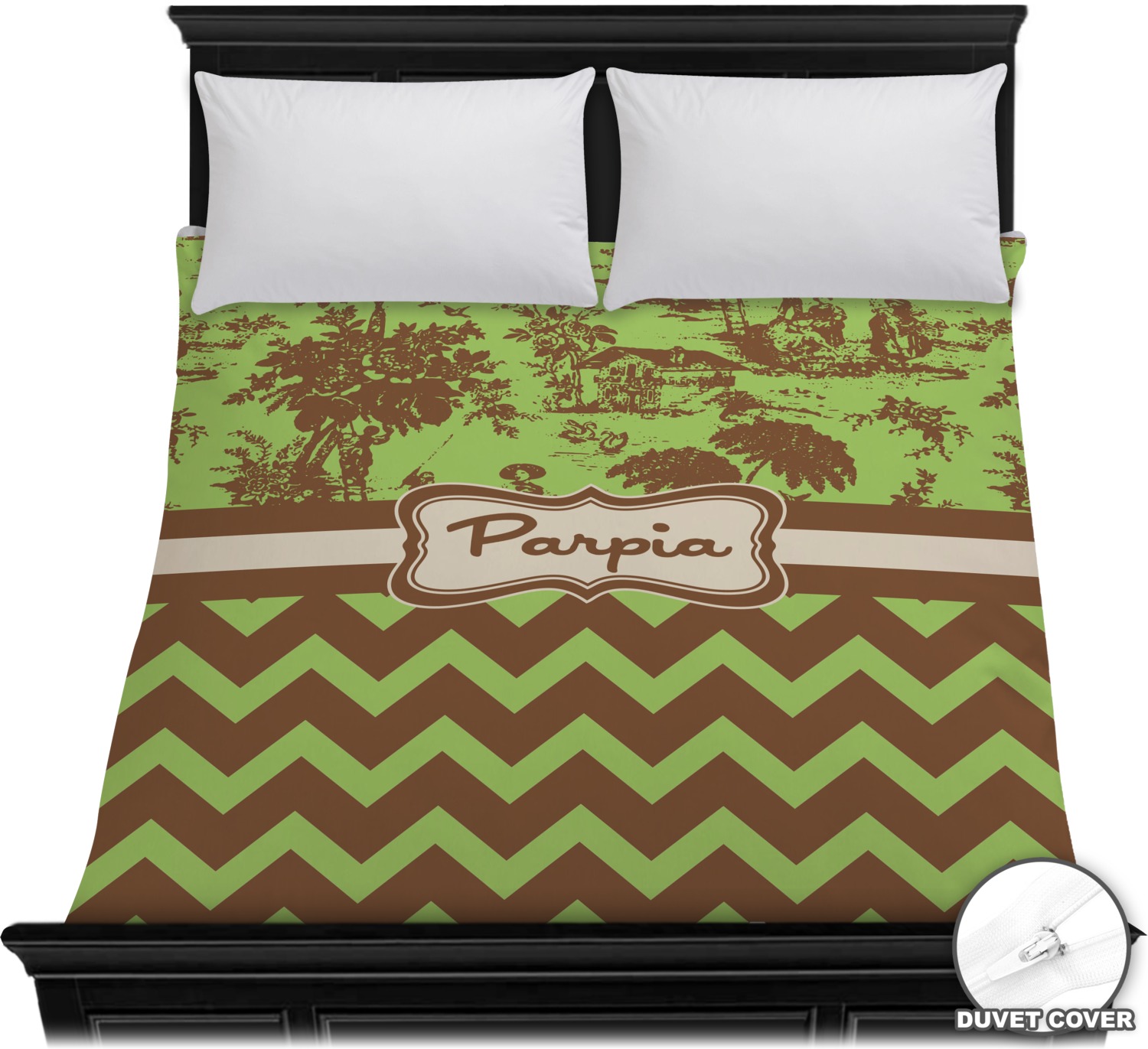 Green Brown Toile Chevron Duvet Cover Personalized