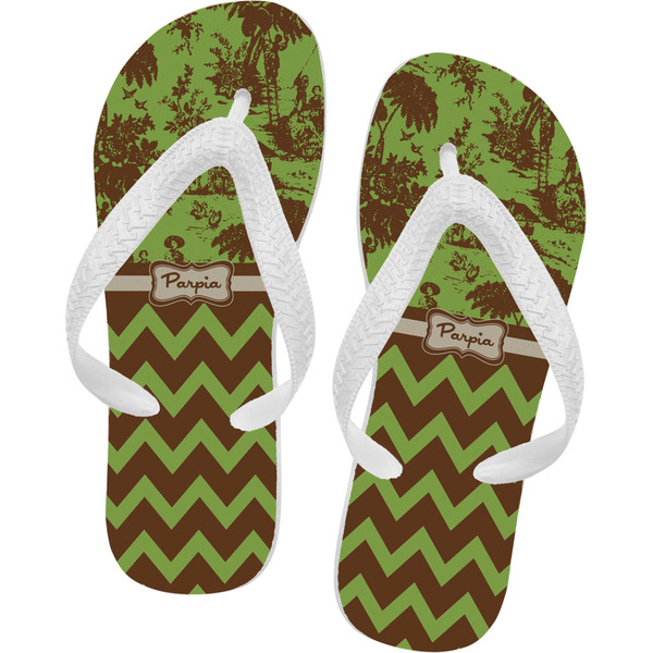 Custom Green & Brown Toile & Chevron Flip Flops - Large (Personalized)