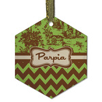 Green & Brown Toile & Chevron Flat Glass Ornament - Hexagon w/ Name or Text