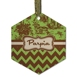 Green & Brown Toile & Chevron Flat Glass Ornament - Hexagon w/ Name or Text