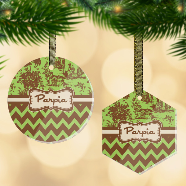 Custom Green & Brown Toile & Chevron Flat Glass Ornament w/ Name or Text