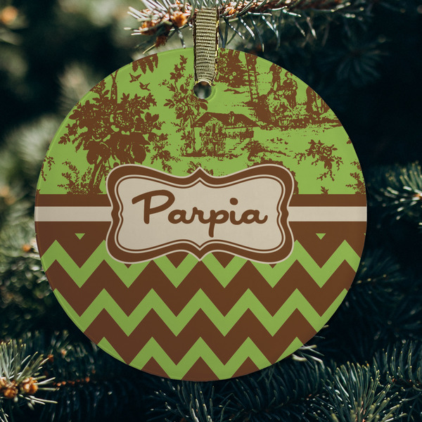 Green & Brown Toile & Chevron Frosted Glass Ornament - Round (Lifestyle)