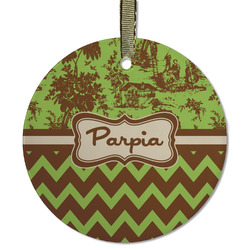 Green & Brown Toile & Chevron Flat Glass Ornament - Round w/ Name or Text
