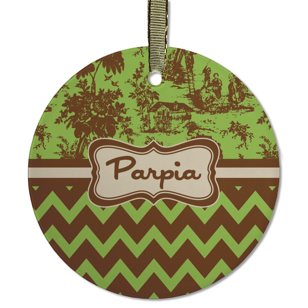 Green & Brown Toile & Chevron Frosted Glass Ornament - Round