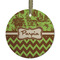Green & Brown Toile & Chevron Flat Glass Ornament - Round w/ Name or Text
