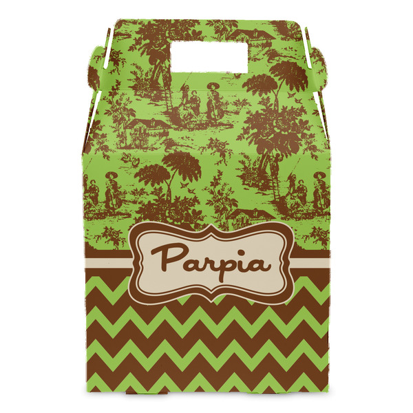 Green & Brown Toile & Chevron Gable Favor Box - Front