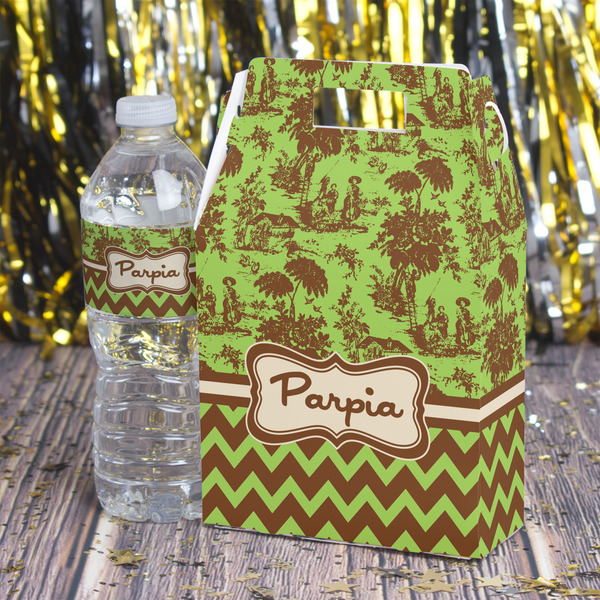 Green & Brown Toile & Chevron Gable Favor Box - In Context
