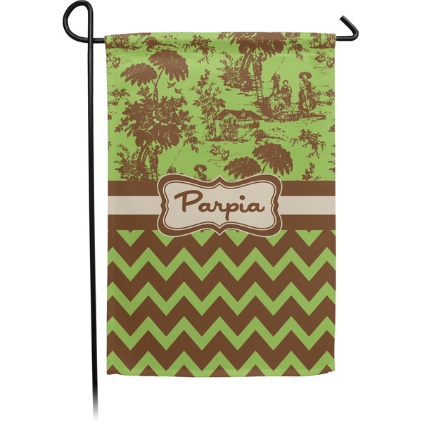 Custom Green & Brown Toile & Chevron Small Garden Flag - Double Sided w/ Name or Text