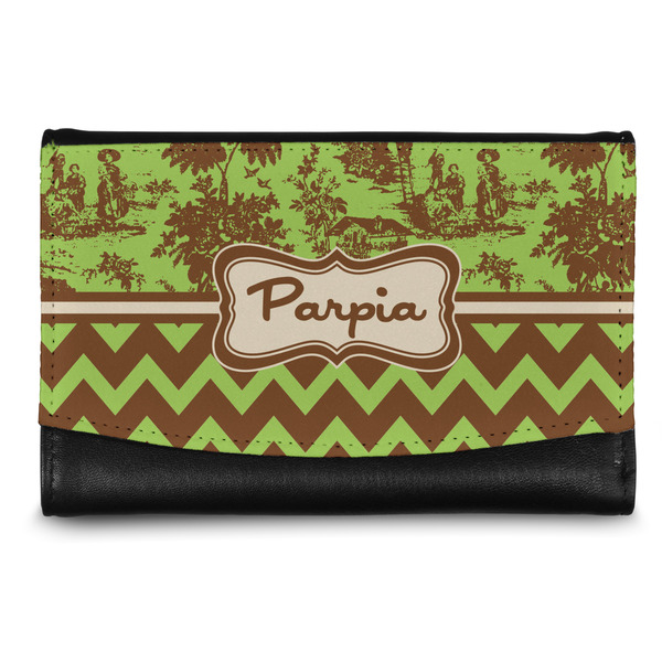 Custom Green & Brown Toile & Chevron Genuine Leather Women's Wallet - Small (Personalized)