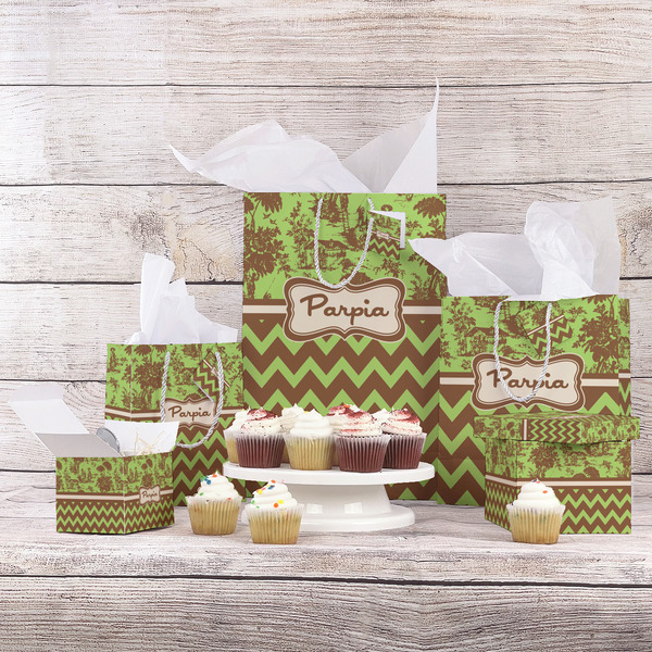 Green & Brown Toile & Chevron Gift Bags - In Context