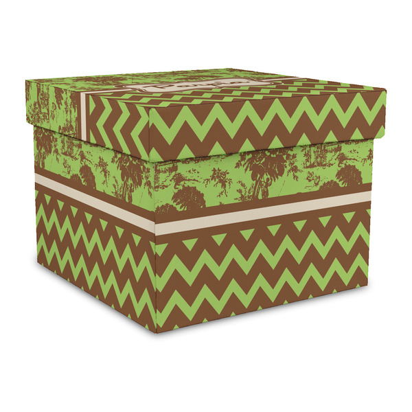 Custom Green & Brown Toile & Chevron Gift Box with Lid - Canvas Wrapped - Large (Personalized)