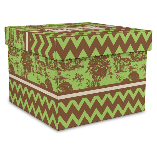 Custom Green & Brown Toile & Chevron Gift Box with Lid - Canvas Wrapped - XX-Large (Personalized)