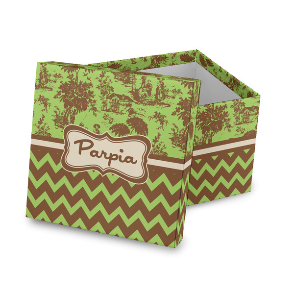 Custom Green & Brown Toile & Chevron Gift Box with Lid - Canvas Wrapped (Personalized)