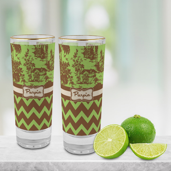 Green & Brown Toile & Chevron Glass Shot Glass - 2 oz - LIFESTYLE