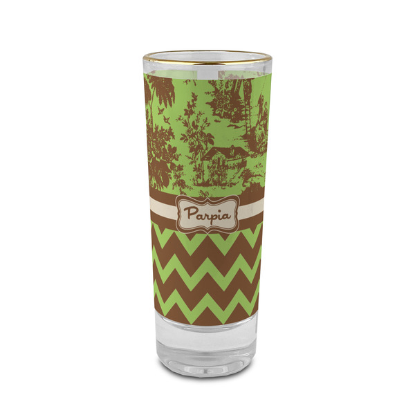 Custom Green & Brown Toile & Chevron 2 oz Shot Glass -  Glass with Gold Rim - Set of 4 (Personalized)