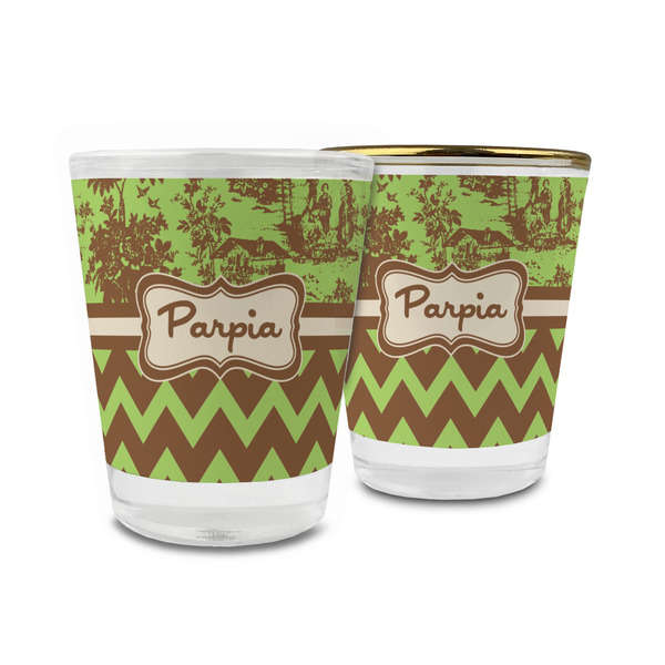 Custom Green & Brown Toile & Chevron Glass Shot Glass - 1.5 oz (Personalized)