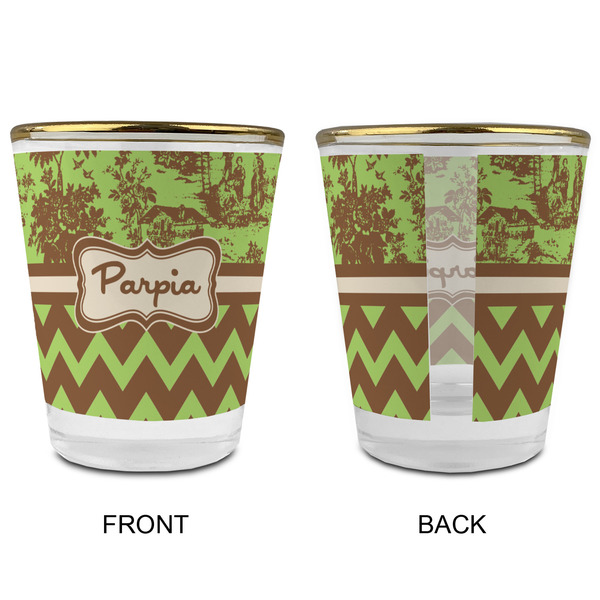 Green & Brown Toile & Chevron Glass Shot Glass - with gold rim - APPROVAL