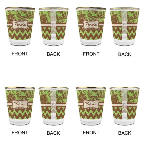 Green & Brown Toile & Chevron Glass Shot Glass - with gold rim - Set of 4 - APPROVAL