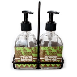Green & Brown Toile & Chevron Glass Soap & Lotion Bottles (Personalized)