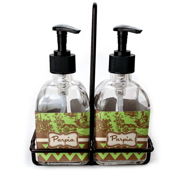 Custom Green & Brown Toile & Chevron Glass Soap & Lotion Bottles (Personalized)