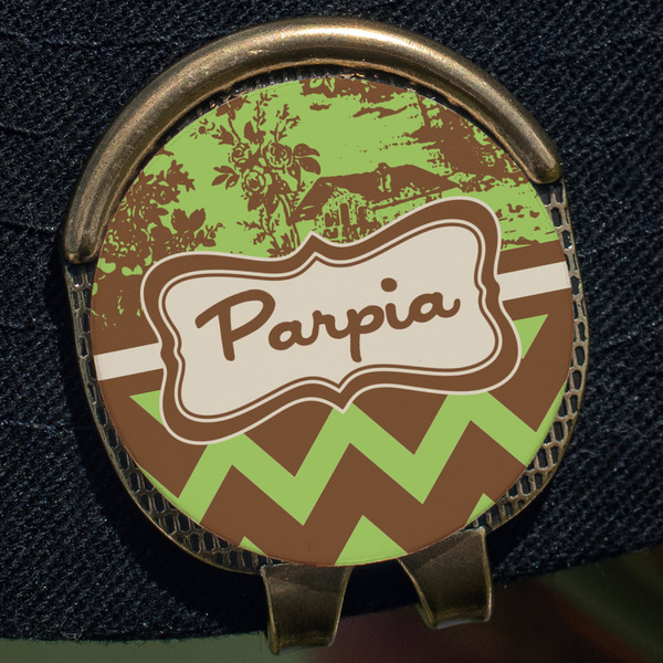 Green & Brown Toile & Chevron Golf Ball Marker Hat Clip - Gold - Close Up