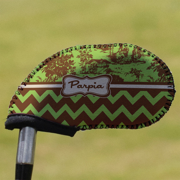 Custom Green & Brown Toile & Chevron Golf Club Iron Cover (Personalized)