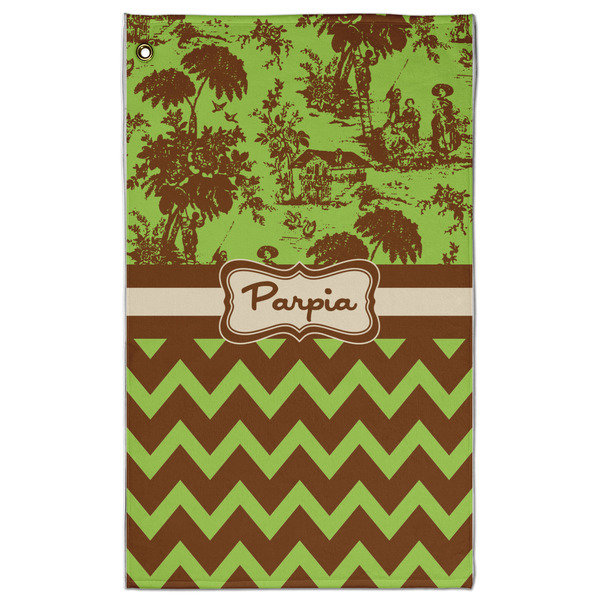 Custom Green & Brown Toile & Chevron Golf Towel - Poly-Cotton Blend w/ Name or Text