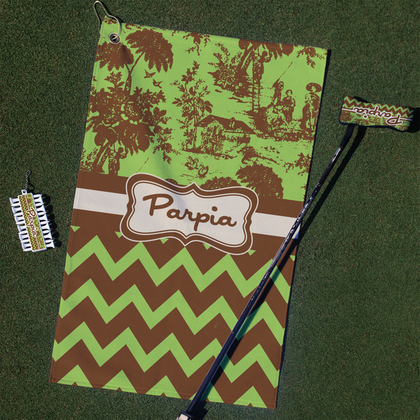 Custom Green & Brown Toile & Chevron Golf Towel Gift Set (Personalized)