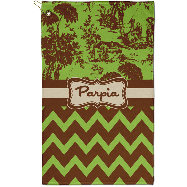 Custom Green & Brown Toile & Chevron Golf Towel - Poly-Cotton Blend - Small w/ Name or Text