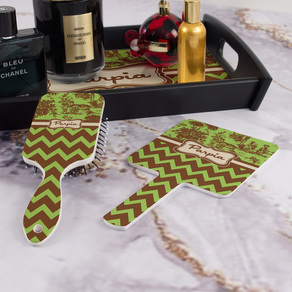 Green & Brown Toile & Chevron Hair Brush and Hand Mirror - Bathroom Scene