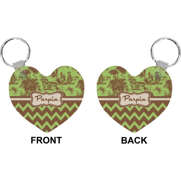 Green & Brown Toile & Chevron Heart Keychain (Front + Back)