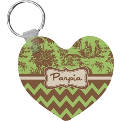 Green & Brown Toile & Chevron Heart Plastic Keychain w/ Name or Text