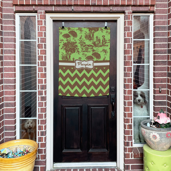 Green & Brown Toile & Chevron House Flags - Double Sided - (Over the door) LIFESTYLE
