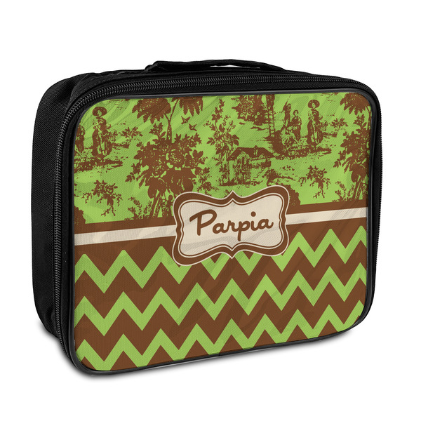 Custom Green & Brown Toile & Chevron Insulated Lunch Bag (Personalized)