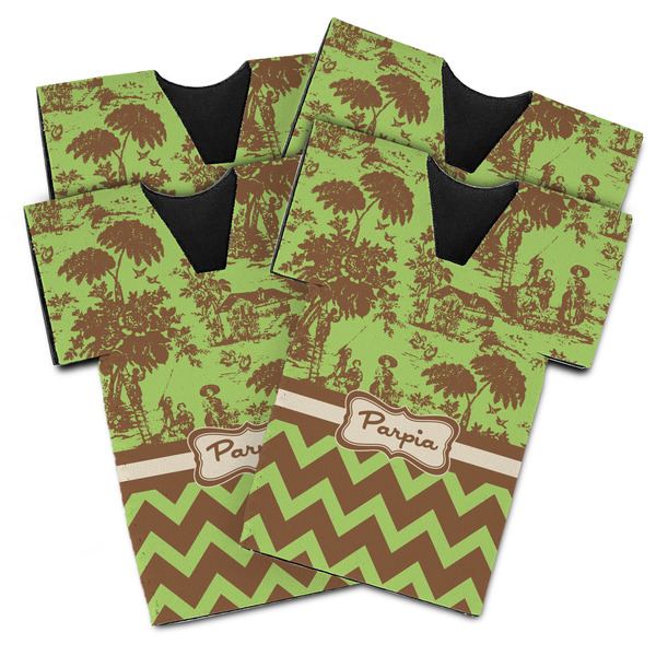 Custom Green & Brown Toile & Chevron Jersey Bottle Cooler - Set of 4 (Personalized)