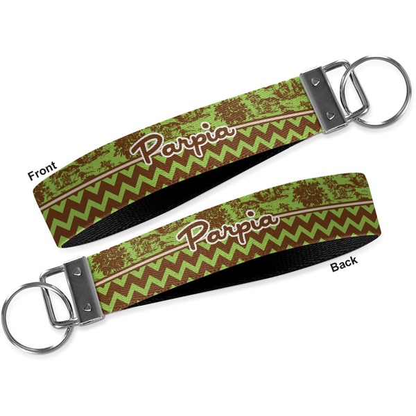 Green & Brown Toile & Chevron Key-chain - Metal and Nylon - Front and Back