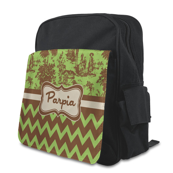 Custom Green & Brown Toile & Chevron Preschool Backpack (Personalized)