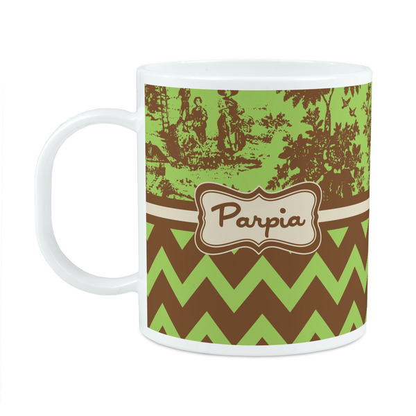 Custom Green & Brown Toile & Chevron Plastic Kids Mug (Personalized)