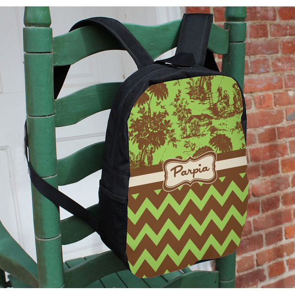 Green & Brown Toile & Chevron Kids Backpack - In Context